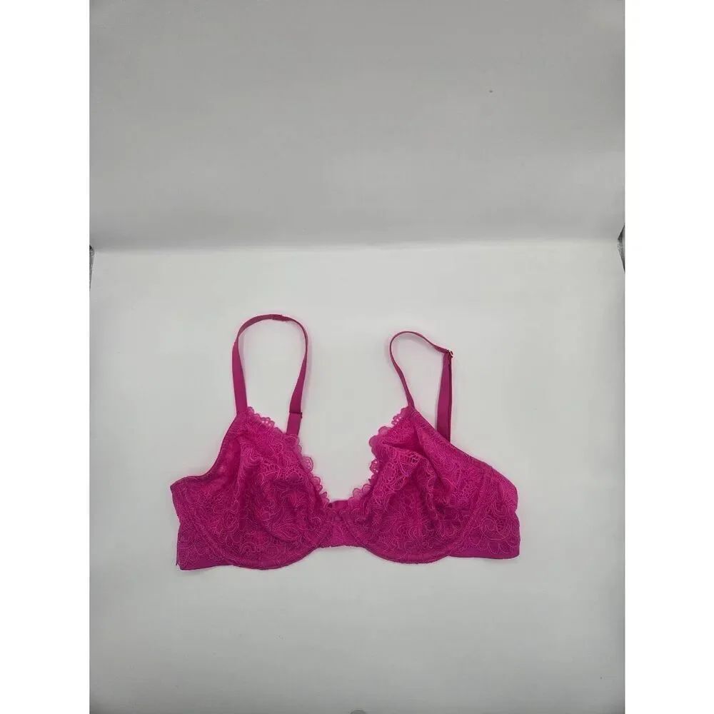 Soma Unlined Plunge Bra 34D Pink Lace Underwire
